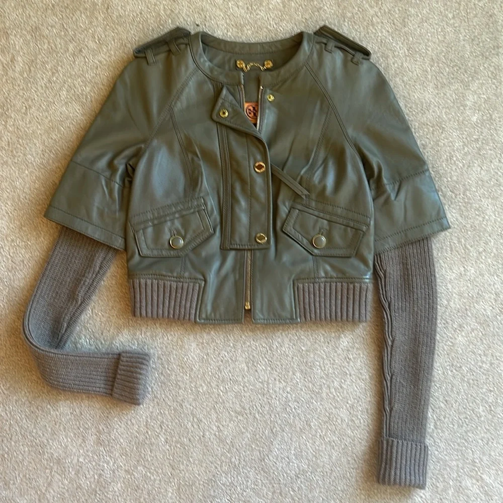 TORY BURCH Green Lambskin & Sweater-Sleeved Biker Jacket Sz XS - Picture 8 of 12